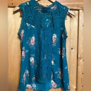 Self Esteem Teal Floral Lace Sleeveless Blouse